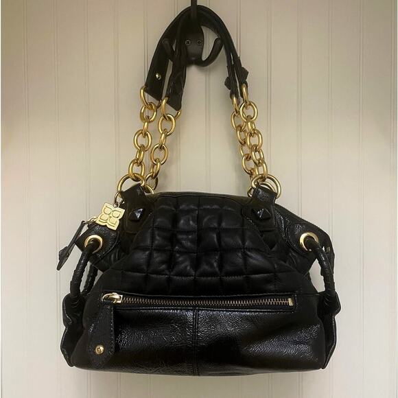 BCBGMAZARIA Quilted Shoulder Bag | Black Leather Patent Trim, Gold Chain Y2K - Picture 1 of 11